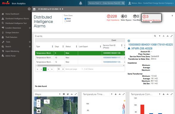 Screenshot of the Active Temperature Monitoring user interface in the Distributed Intelligence Alarms page
