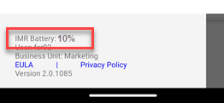 Screenshot: the Menu open with the IMR Battery's current status at ten percent.