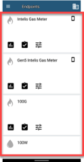 Screenshot: The Endpoints menu with highlighting around the central part, a section that includes a list of ERTs and meters you can select to work with. Each ERT or meter listed displays the commands that are available for it, and a Mobile Mode or Network Mode icon indicates which mode each device is currently operating in.