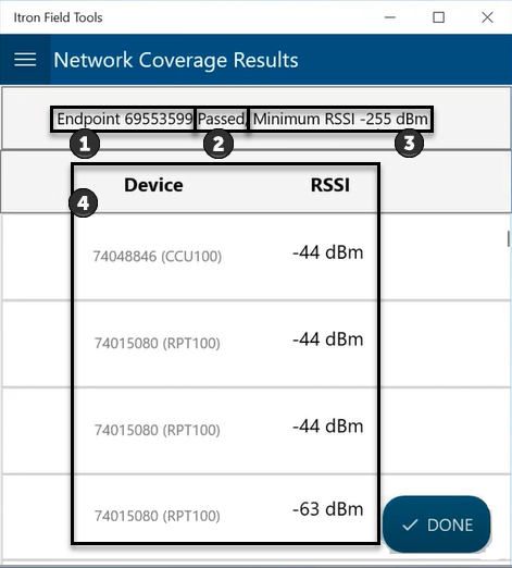 Screenshot: Network Coverage command results