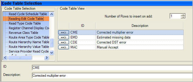 Code table selection dialog displaying added rows.