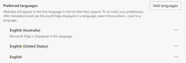 Microsoft Edge language settings dialog.