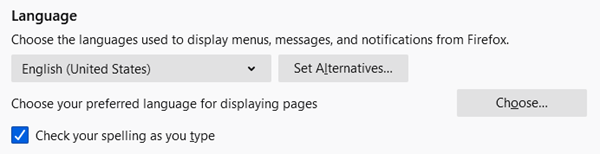 Language and locale selection displayed in the Language section.