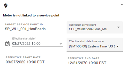 Service point panel represents the swap parameters for the target service point.
