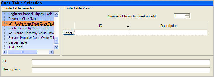Route Area Type Code Table dialog.