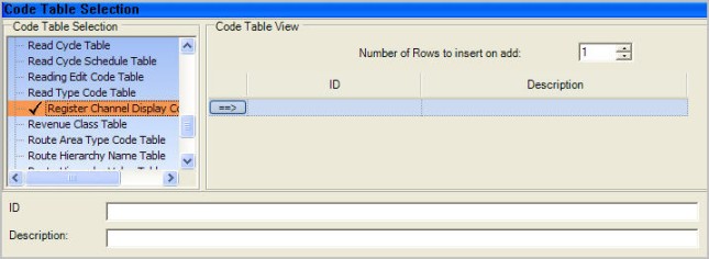 Register Channel Display Code Table dialog.