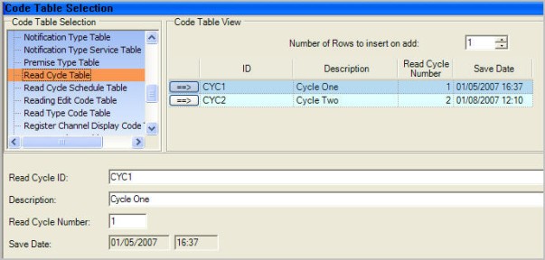 Code table selection dialog displaying added rows.