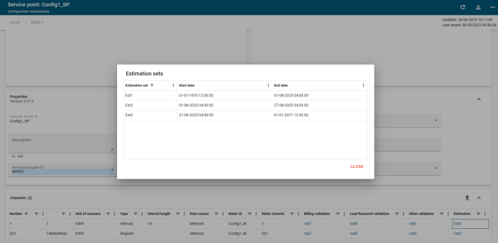 Estimation sets dialog