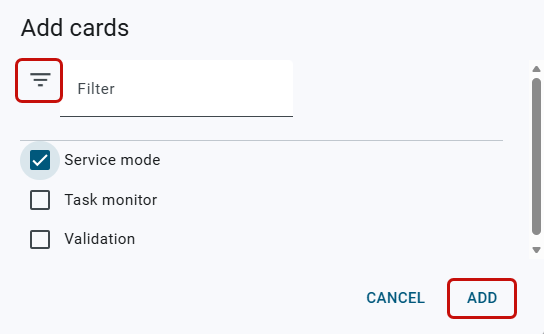 the add cards dialog with service mode selected