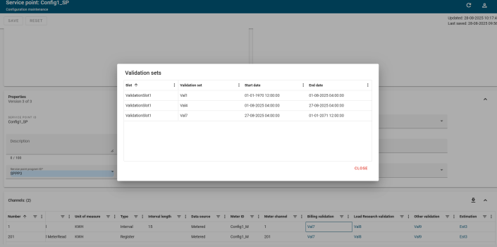 Validation sets dialog