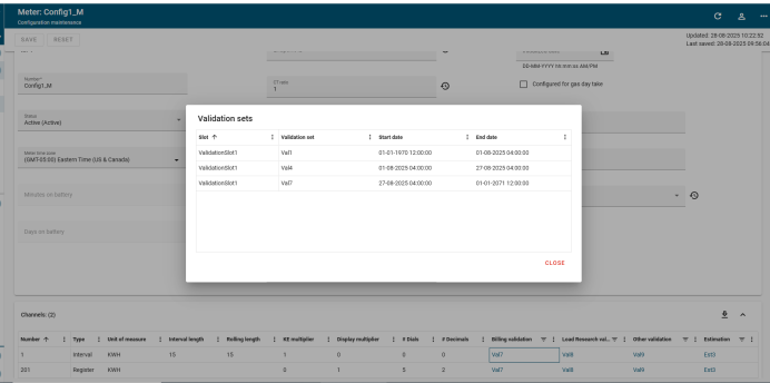 Validation sets dialog