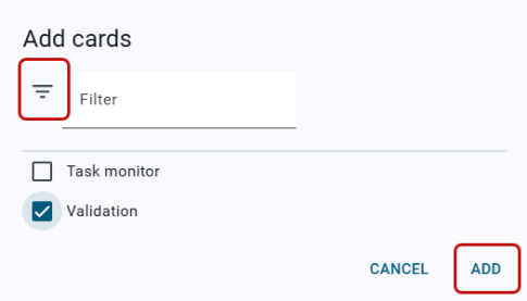 add cards dialog on the dashboard