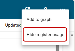 Location of the hide register usage option from the actions menu in the page header.