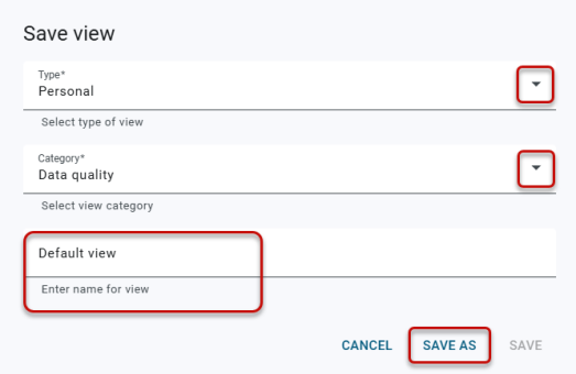 the save view dialog on the validation queue page