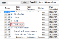 Selecting tasks logs in the dialog.