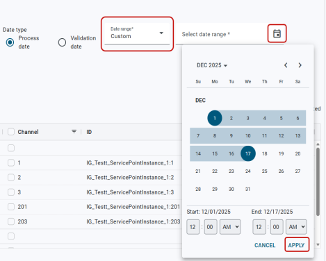 The Select date range option that appears when you select Custom.