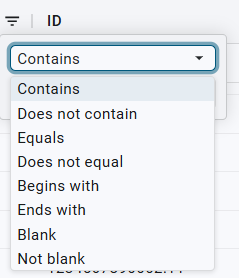 the filter options dropdown menu