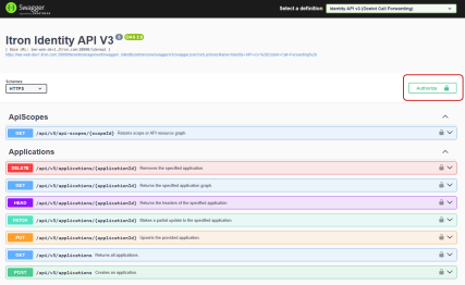 location of authorize on the API swagger page