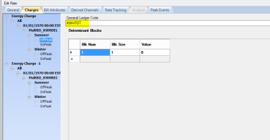 The Charges tab with the General Ledger Code set to KWHTOT for all the blocks.