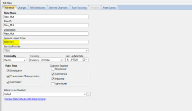 A screenshot of the General Ledger Code in the Rate Schedule set to KWHTOT.