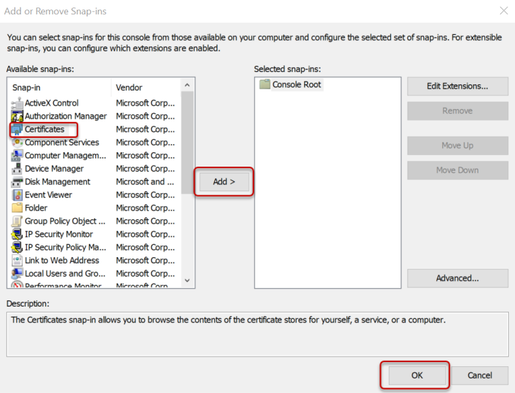 The add or remove snap-ins dialog with certificates selected, and the add and ok buttons circled.