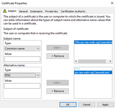 MMC certificate properties dialog.