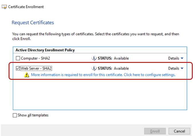 The Certificate Enrollment dialog
