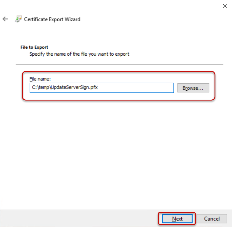 The certificate export wizard dialog displaying with the browse button and file name location circled, and next button circled.