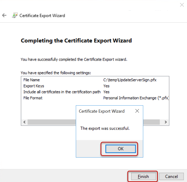 The certificate export wizard dialog displaying with the finish button and ok button circled.