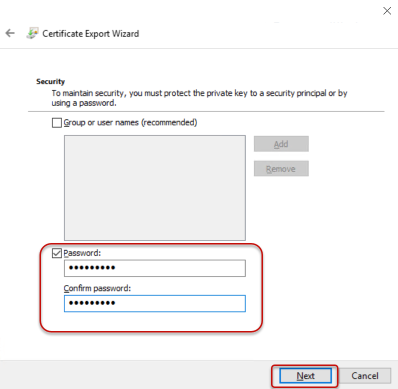 The certificate export wizard dialog displaying with the password checkbox selected, and the password and confirm your password boxes circled, and next button circled.