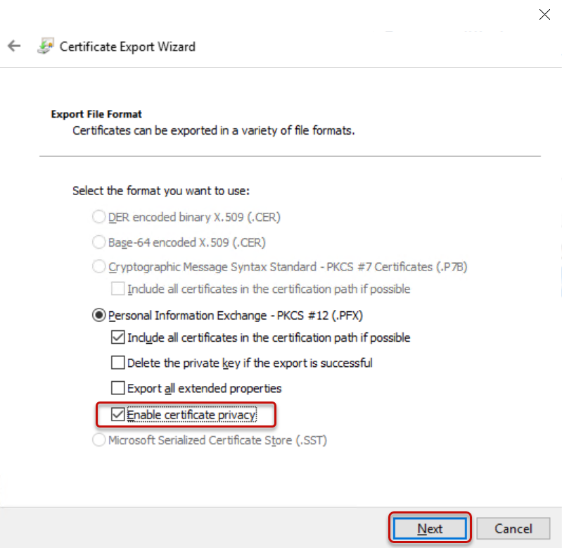 The certificate export wizard dialog displaying with enable certificate privacy selected and the next button circled.