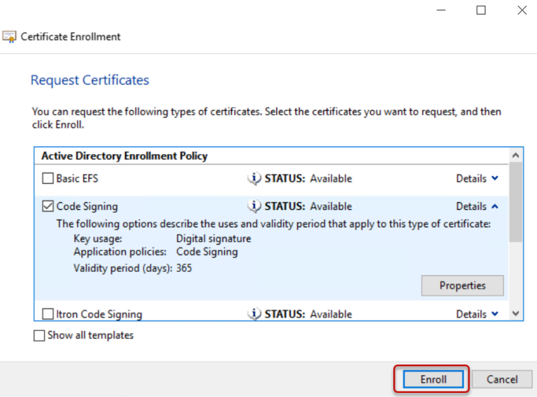 The certificate enrollment dialog displaying the request certificates dialog with the enroll button circled.