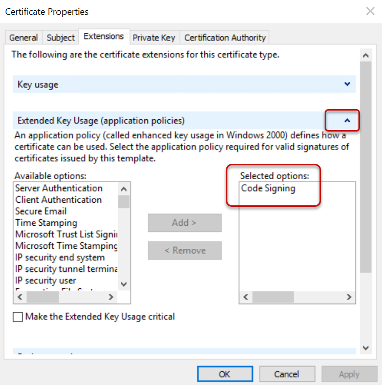 The certificate properties dialog displaying the extensions tab with the extended key usage, application policies selected to show that code signing is in the selected options box.