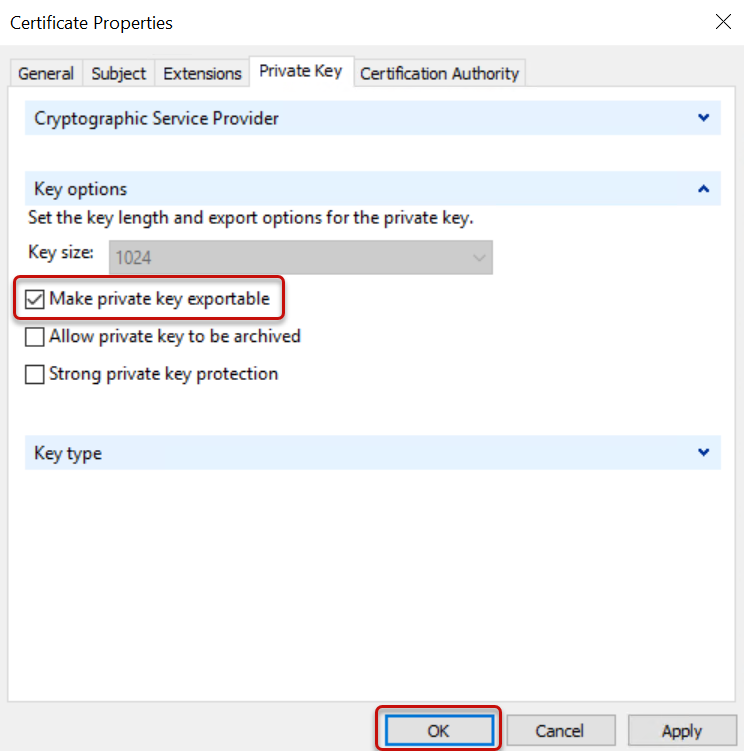 The certificate properties dialog displaying the private key tab with make private key exportable selected, and the ok button circled.