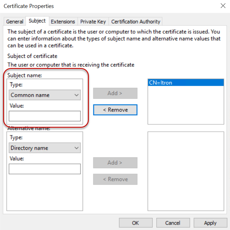 The certificate properties dialog displaying the subject tab with the subject name, type, and value circled.
