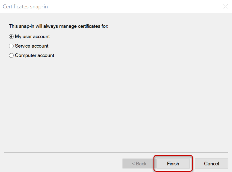 The certificates snap-in dialog with my user account selected, and the finish button circled.