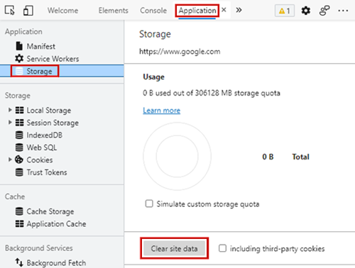 The location of t he Application tab with Storage on the menu panel selected with the location of the Clear site data option.