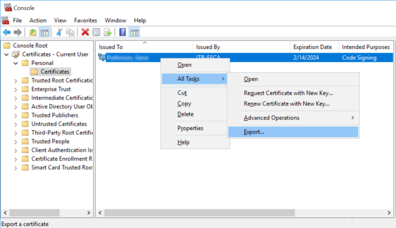 The console dialog displaying with the certificate that you just enrolled select, and the all tasks, export selected.