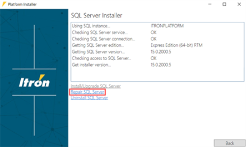 The SQL Server Installer dialog with Repair SQL Server selected.