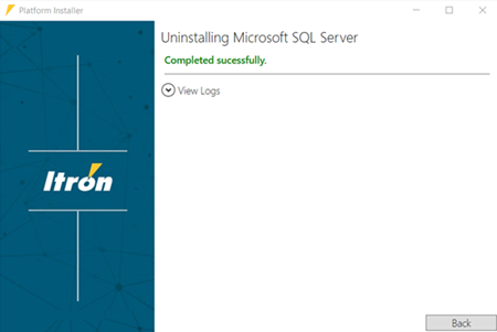 The SQL Server Installer dialog showing the status for Uninstall SQL Server as Completed Successfully.