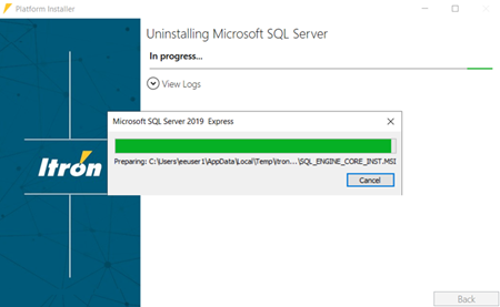 The SQL Server Installer dialog showing the status for Uninstall SQL Server.