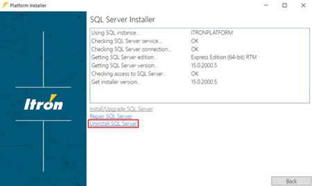 The SQL Server Installer dialog with Uninstall SQL Server selected.