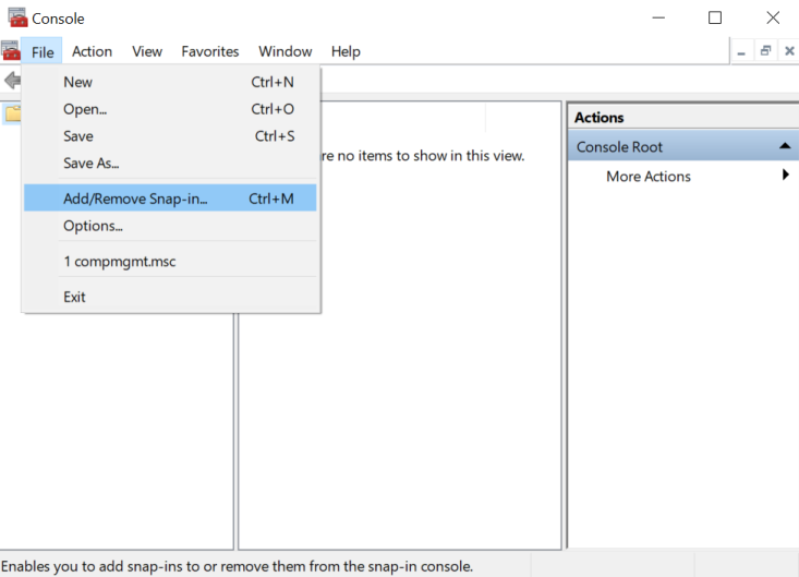 The file dropdown menu with add or remove snap-in selected.