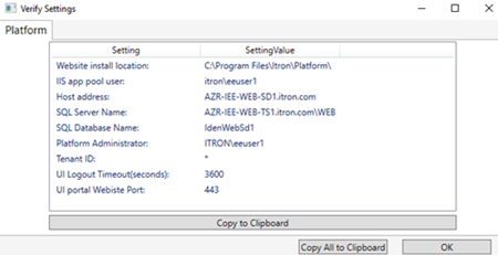 The Verify Settings dialog.