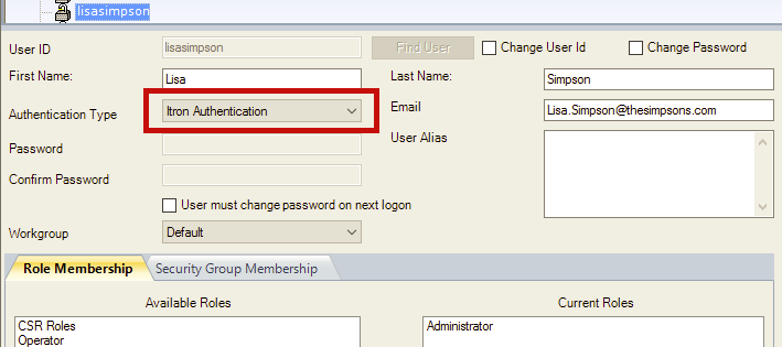 Itron Authentication selected for the authentication type.