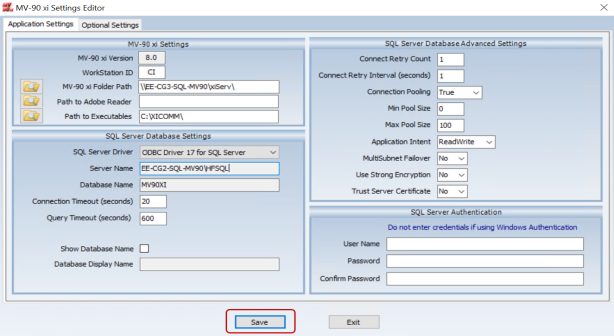 the MV-90 xi Settings Editor dialog