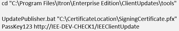 Example of the UpdatePublisher.bat file running in the command prompt with the required parameters.