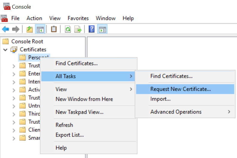 The console dialog with personal selected and all tasks and request new certificates selected.