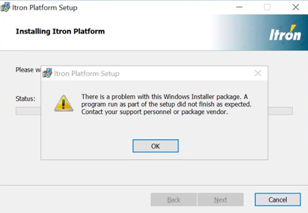 Error message during setup when installing Itron Platform.