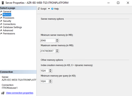 Allocating sufficient memory for minimum server memory and index creation memory.